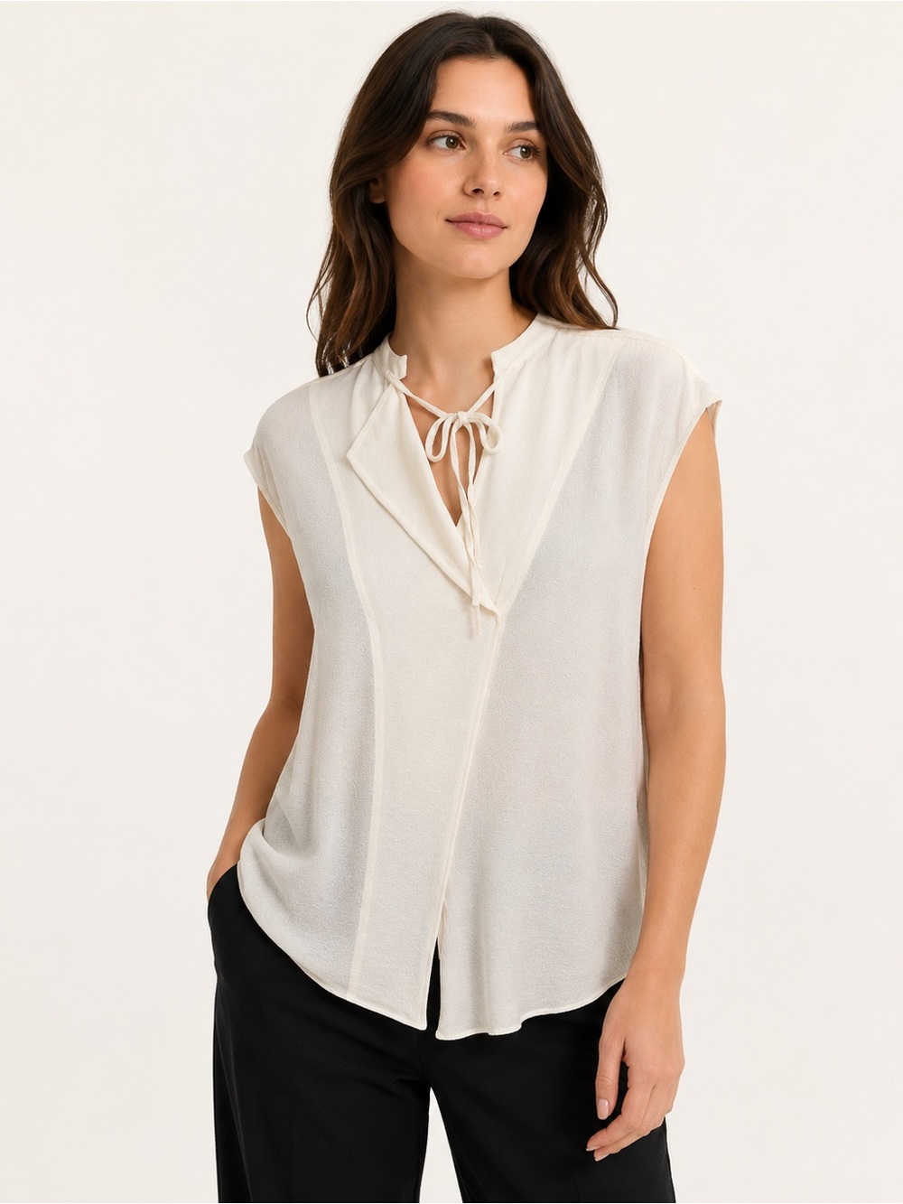 Vince Silk Tie Neck Blouse Black Sleeveless Minimalist M